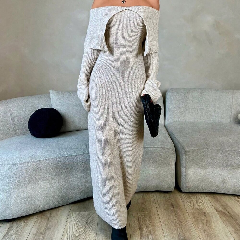 Khaki Elegant Women's Solid Color Long Sleeve Off Shoulder Casual Dress